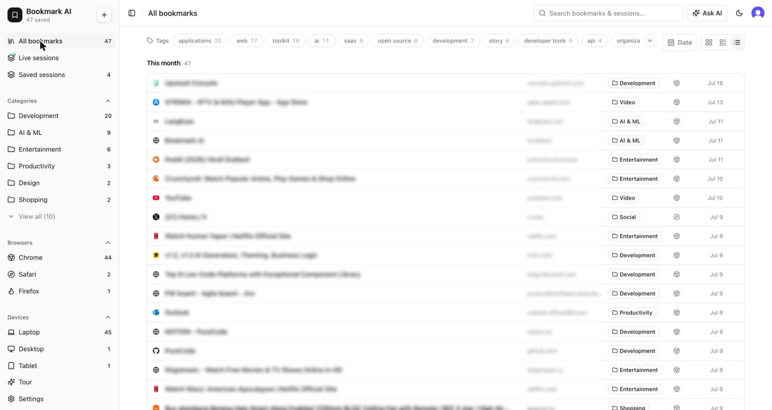Bookmark AI library showing saved pages, collections, and search